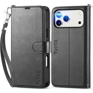 TUCCH Wallet Case for iPhone 17 Pro Max (6.9") 2025, Wrist Strap RFID Blocking 4 Card Slots, Kickstand, Shockproof TPU Shell, PU Leather, Magnetic Closure, Protective Flip Cover, Black