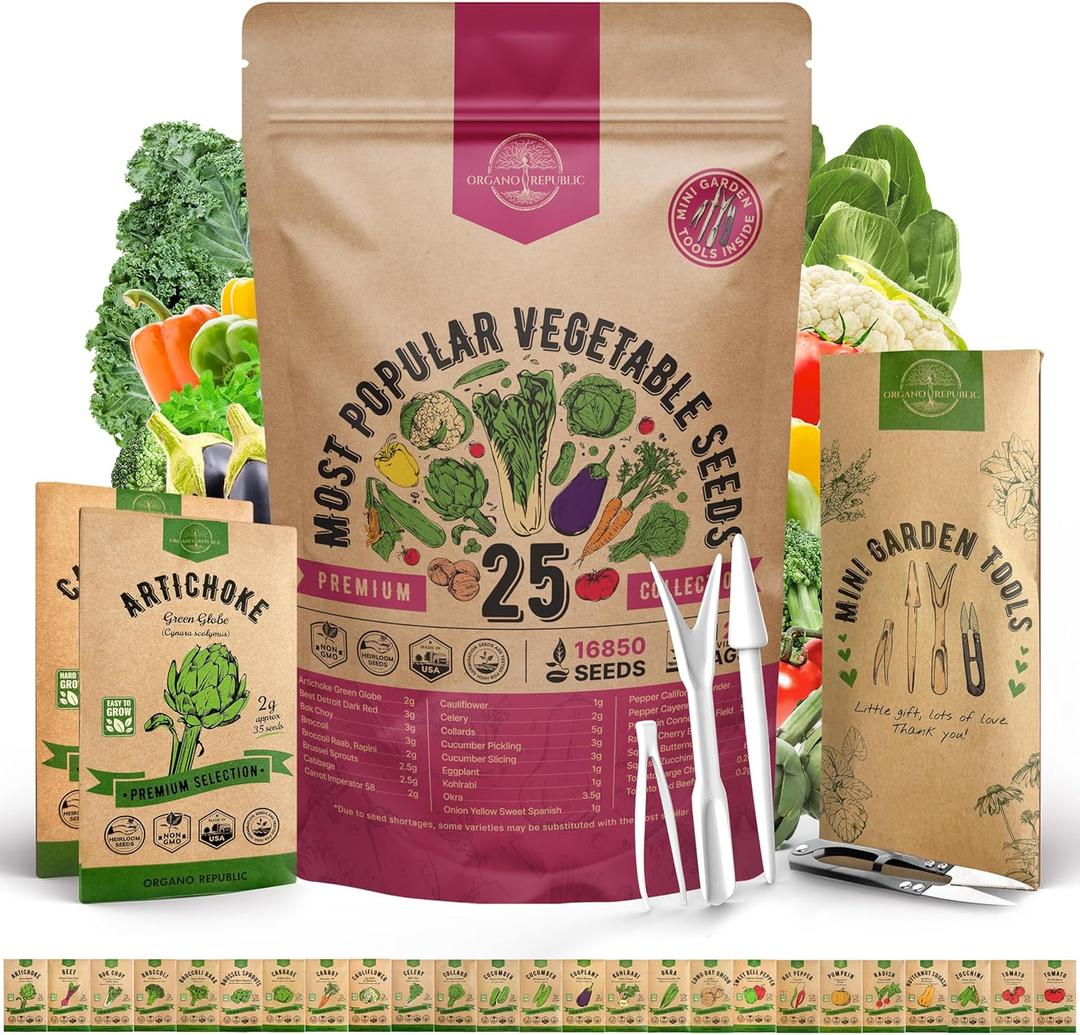Organo Republic 25 Vegetable Seeds Variety Pack - 16,850+ Non-GMO Heirloom Seeds for Planting Vegetables & Fruits in Individual Seed Packets, Home Garden Seed for Hydroponic, Indoor & Outdoor Garden