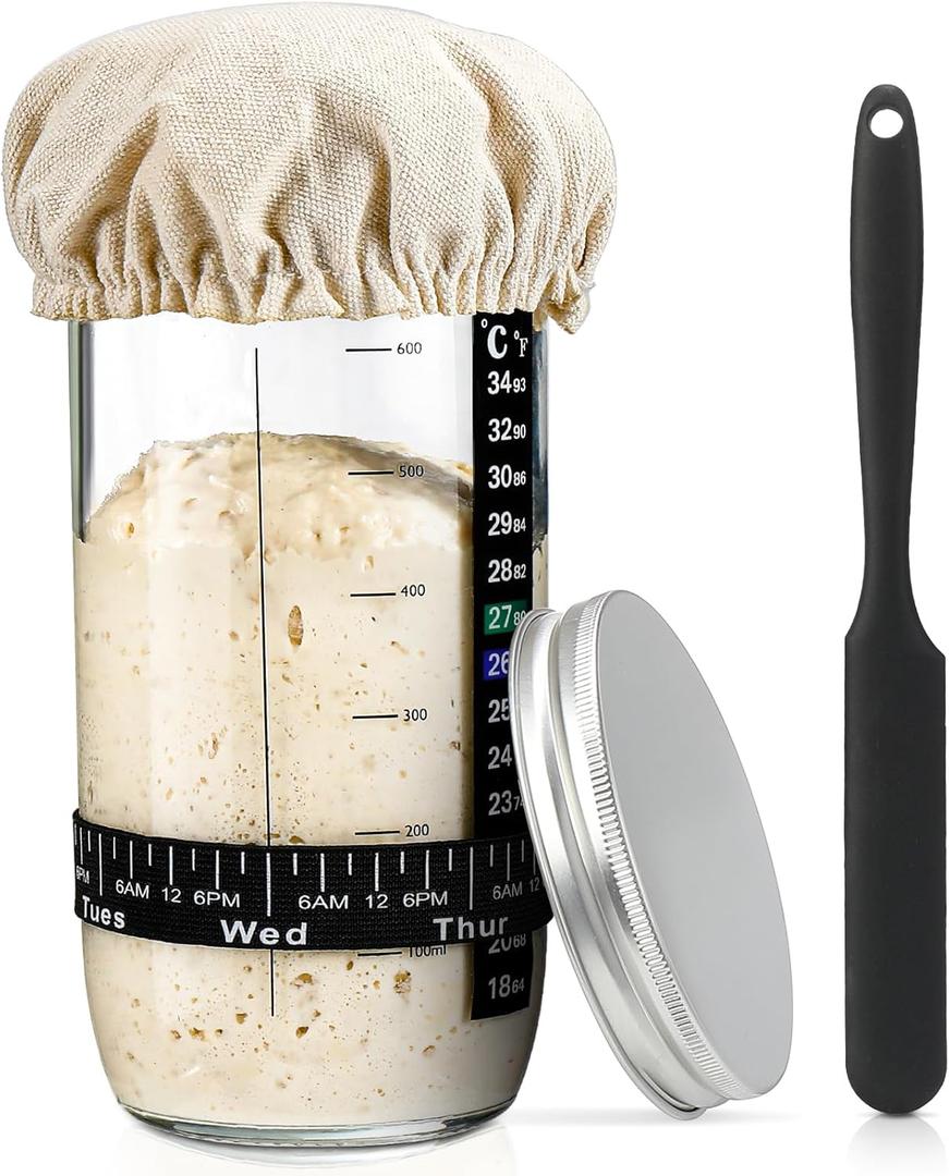 Sourdough Bread Baking Supplies,24 oz Sourdough Starter Jar Glass, Sourdough Starter Kit with Date Marked Feeding Band, Thermometer, Silicone Scraper, Sewn Cloth Cover & Aluminum Lid, Sourdough Jar