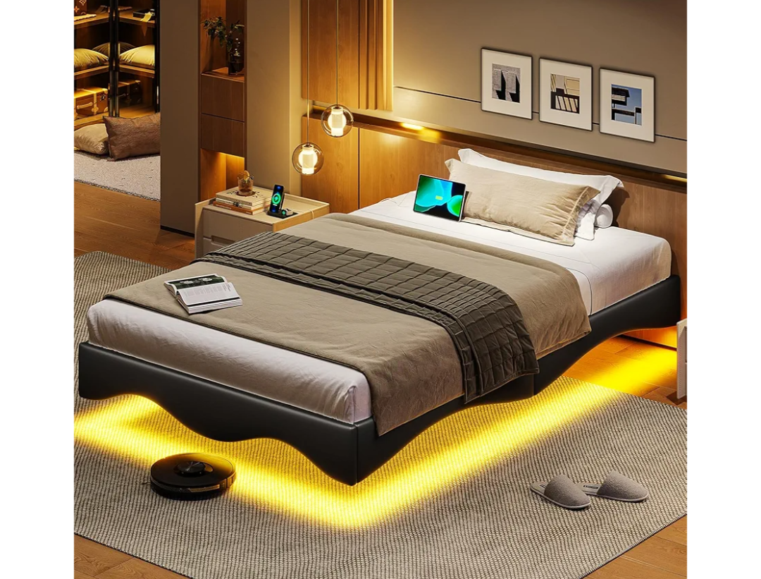 MSmask Floating Twin Bed Frames with LED Lights, Upholstered Platform Bed Frame Twin Size with Type-C & USB Port, Modern Wavy Visual Floating Metal Bed Frame, No Box Spring Needed, Black
