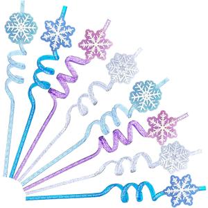 24Pcs Glitter Reusable Frozen Plastic Straws Drinking Straws, 4 Snowflake Shape & 4 Colors, Frozen Party Decoration Birthday Party Supplies