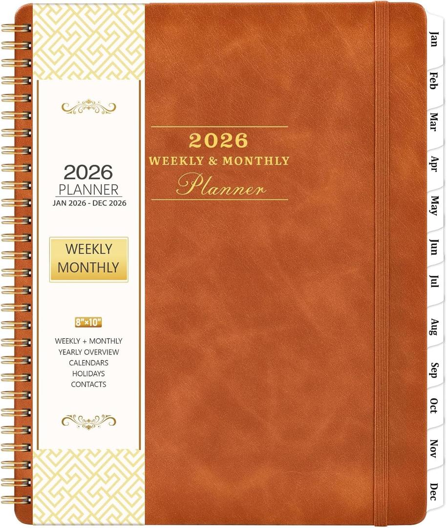 Planner 2026-2027 - July 2026 - June 2027, 2026-2027 Academic Weekly Monthly Planner, 8" x 10", Leather Brown Cover, Spiral Bound, Tabs