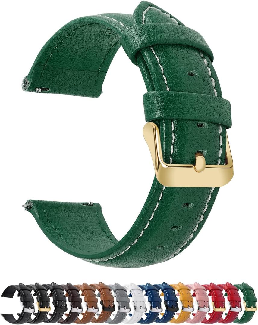 Fullmosa Watch Band, Quick Release Leather Watch Strap for Men Women, Replacement Bands Width 14mm 16mm 18mm 19mm 20mm 21mm 22mm 24mm (Dark green+ golden buckle)