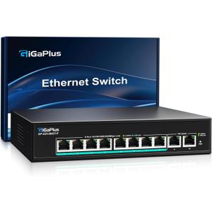 10-Port 10Gb Unmanaged PoE Ethernet Switch with 8*2.5G Base-T PoE Ports, 2*10G RJ45 Ports. 80Gbps Switching Capacity, GiGaPlus 10Gbps Network Switch for 2.5G/10Gbps NAS/PC, WiFi6 Router, Wireless AP