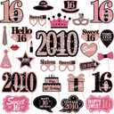 16th Birthday Decorations for Girls, Black Rose Gold Sweet 16 Photo Booth Props Sweet 16 Party Decorations Selfie Props Vintage 2010 Sixteen Centerpiece Sticks Happy 16th Birthday Party Supplies Sign