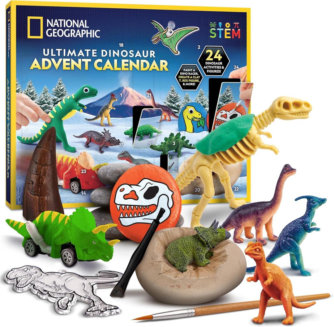 NATIONAL GEOGRAPHIC 2026 Dinosaur Advent Calendar - Countdown Calendar with 24 Dino Activities & Figures, Paint A Dinosaur Racer, Create a Clay T. Rex, Excavate a Dino Tooth Replica & More