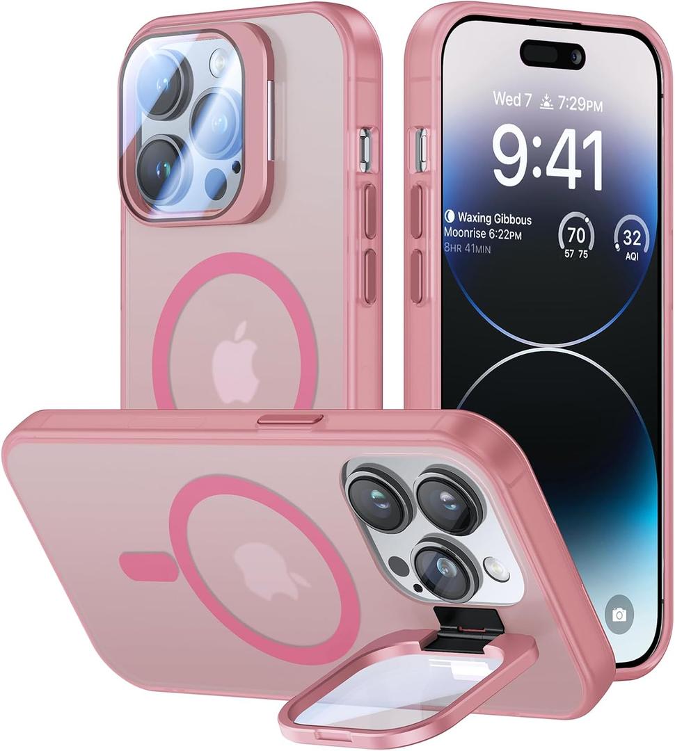 VOFATA for iPhone 13 Pro Max Case with Camera Cover Stand [Built-in 9H Camera Lens Protector][Fit for Magsafe] Military Grade Shockproof Translucent Matte Magnetic Phone Case 6.7",Pink