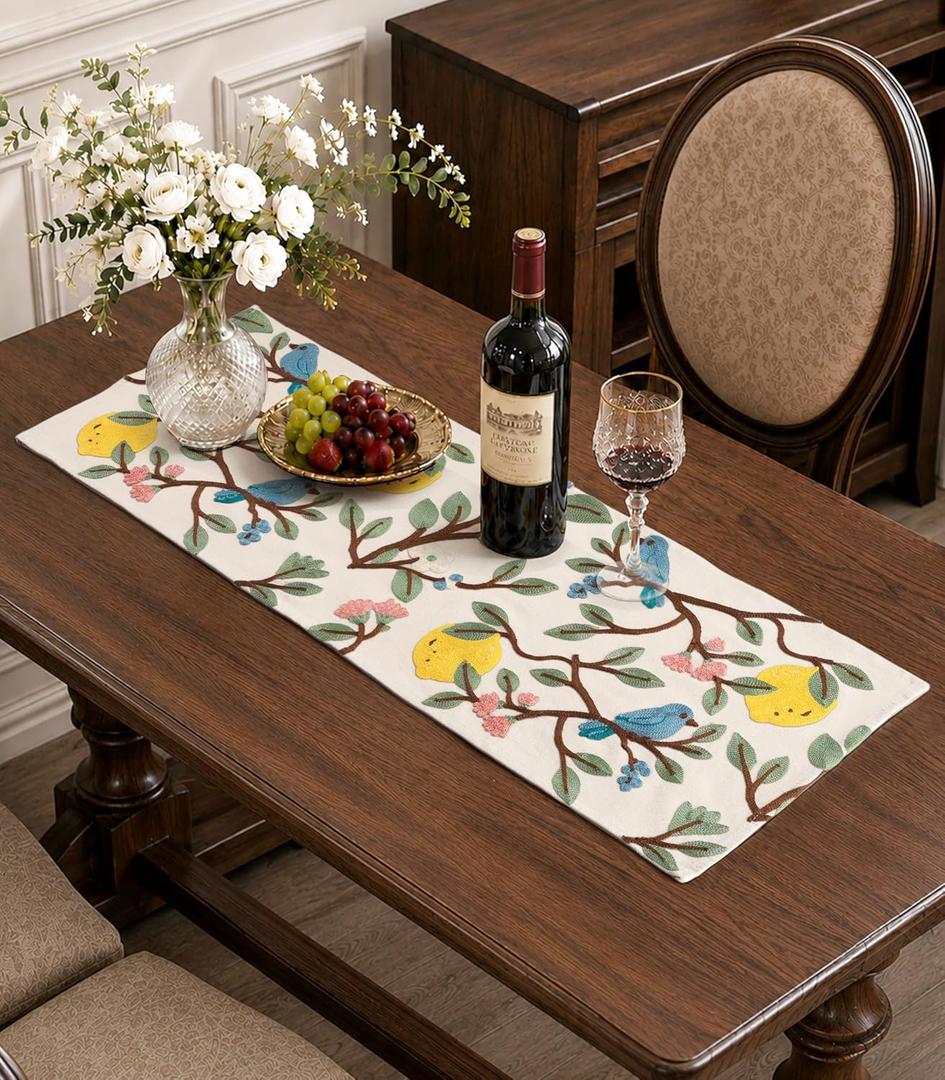 Canvas Embroidered Table Runner - 13"x 48" Coffee Table Runner for Living Room Boho Tablerunner for Dining Room Washable Farmhouse Kitchen Island Counter Decor Housewarming Gift, Lemon Bird