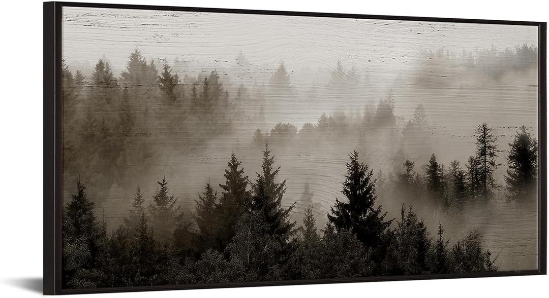 KREATIVE ARTS Large Framed Forest Canvas Wall Art 24x48'' Foggy Mountain Landscape Print with Black Floater Frame, Nature-Inspired Decor for Living Room, Bedroom, or Office