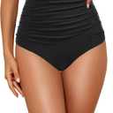 Tempt Me Women's High Waisted Swimsuit Bottom Tummy Control Ruched Bikini Bottom Vintage Swim Bottom Tankini Briefs (Large, Black)