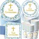 Pickmesh 250 Pcs Blue First Holy Communion Disposable Tableware Set God Bless Baptism Disposable Paper Plates Napkins and Cups for Boys Christening Celebration Baby Shower Religious Supplies Serve 50