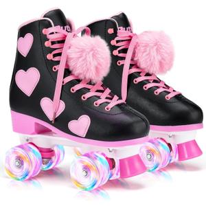 Women's and Girl's Classic Roller Skates with Light up Wheels and Love Heart Pattern, High-top PU Leather Rollerskates (BLACK, Size EU 38)
