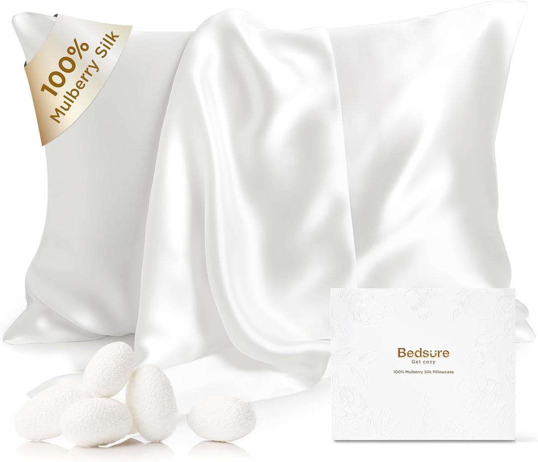 Bedsure 100% Mulberry Silk Pillowcase for Hair and Skin,White Silk Pillow Case with Hidden Zipper, Gifts for Women Men, King Size Single Pack,20x36 Inches