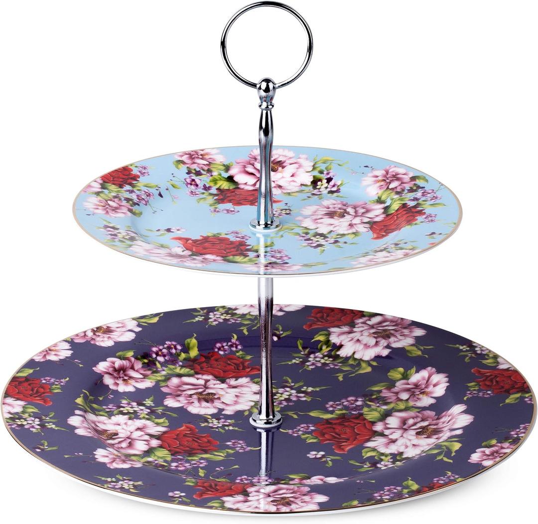 BTaT - Floral 2 Tier Round Porcelain Cupcake Stand, 2Tier Serving Tray, Dessert Stands, Tea Party Supplies, Party Table Decoration, Dessert Display Stands, Cookie Trays for Parties
