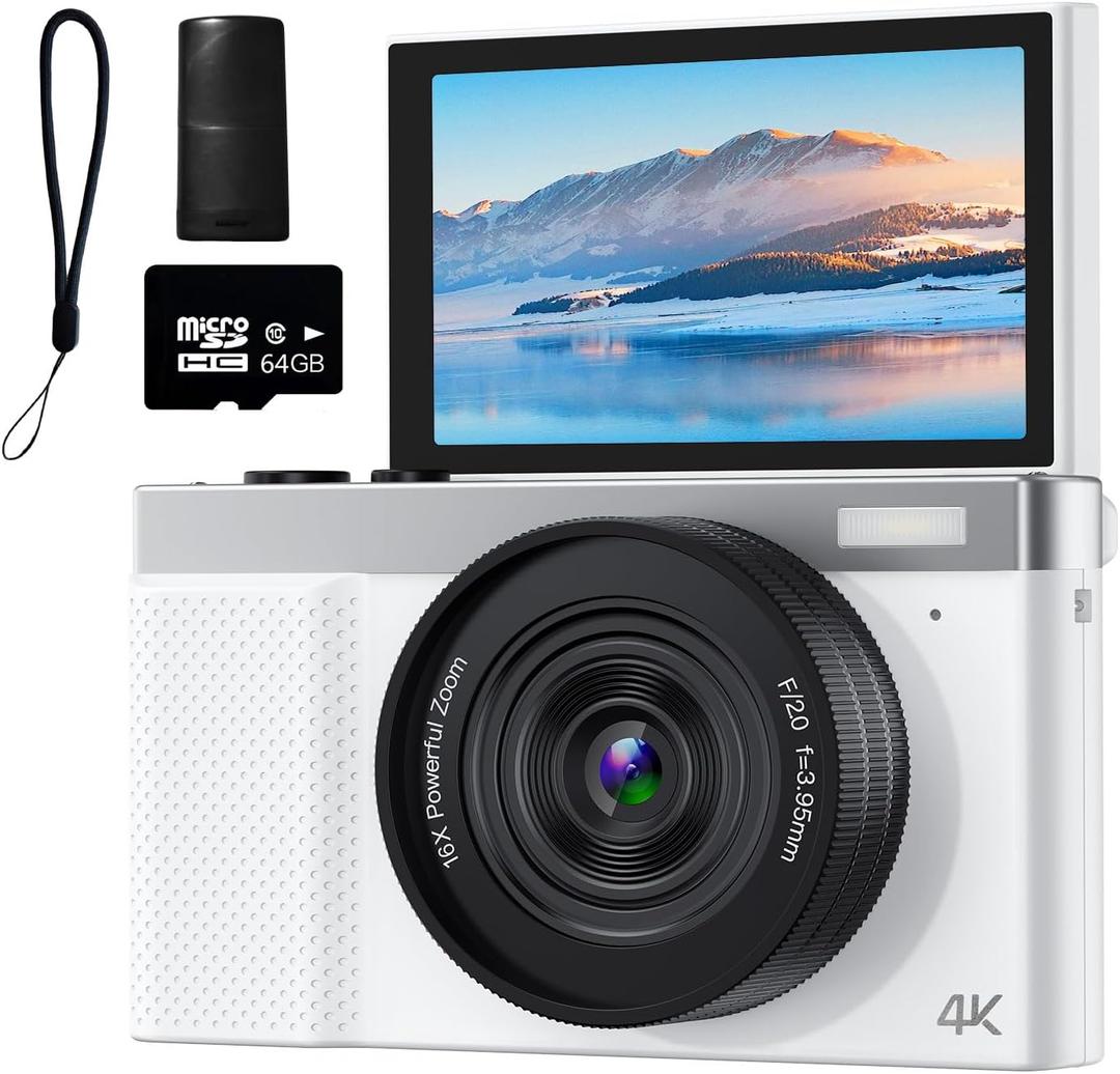 4K Digital Camera, 64MP Vlogging Camera for Photography with 3" 180 Flip Screen, 16X Compact Digital Camera with 64GB Micro SD Card for Beginner (White)