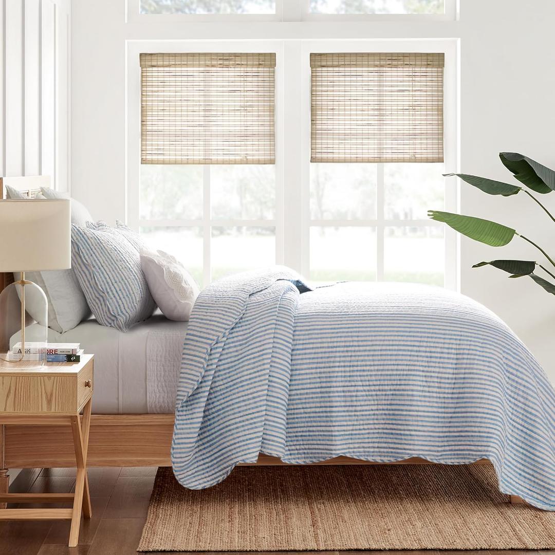 Levtex Home - Martha Stripe Quilt Set - Full/Queen Quilt and Two Standard Shams - Stripe - Blue White - Quilt (88x92in.) and Shams (20x26in.) - Reversible - Cotton