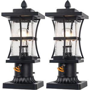2 Packs Dusk to Dawn Outdoor Post Light Fixture with Pier Mount Base - Black Outdoor Pole Lighting, Waterproof Pillar Lantern, Modern Outside Column with Seeded Glass for Pathway, Garden, Patio,