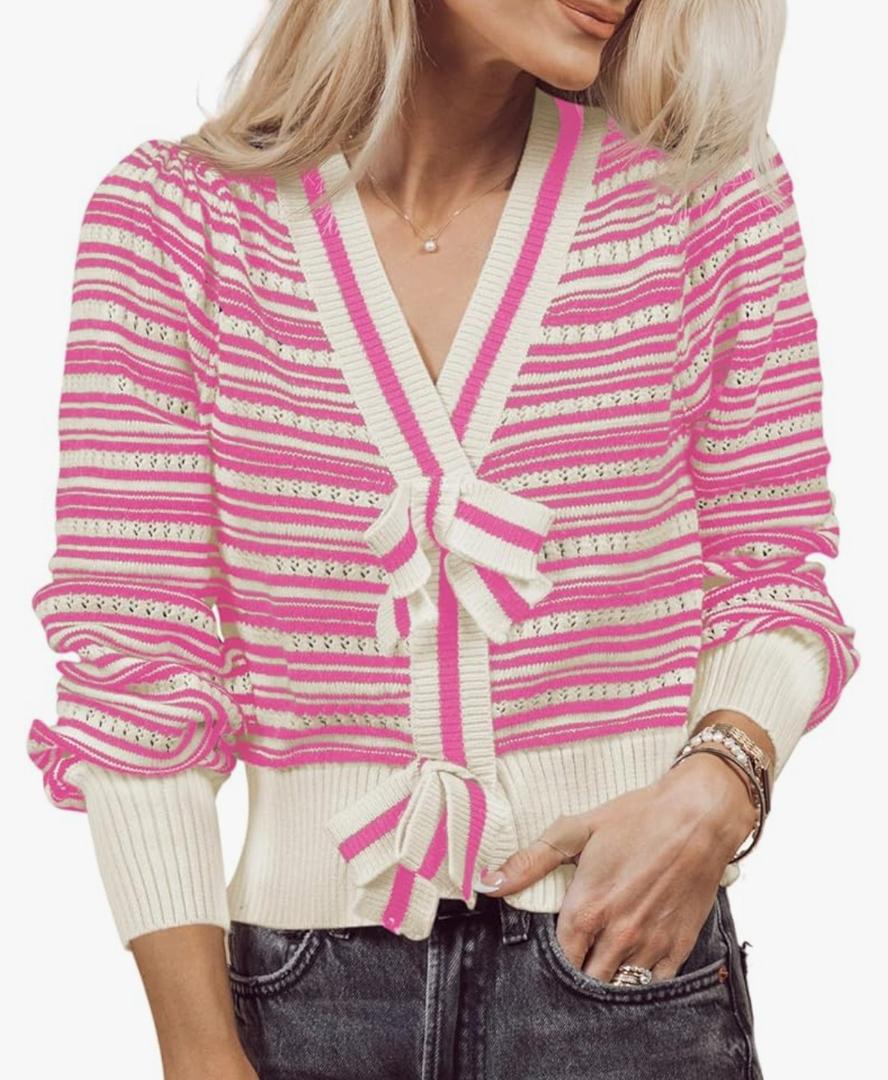Saodimallsu Womens Striped Cropped Sweaters V Neck Cute Bow Tie Puff Sleeve Loose Knit Trendy Pullover Sweater, Size L