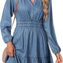 Simplee Womens Fall Denim Dress Casual Long Sleeve V Neck Empire Waist Ruffle A Line Flowy Short Jean Dresses with Pockets (Blue, S)