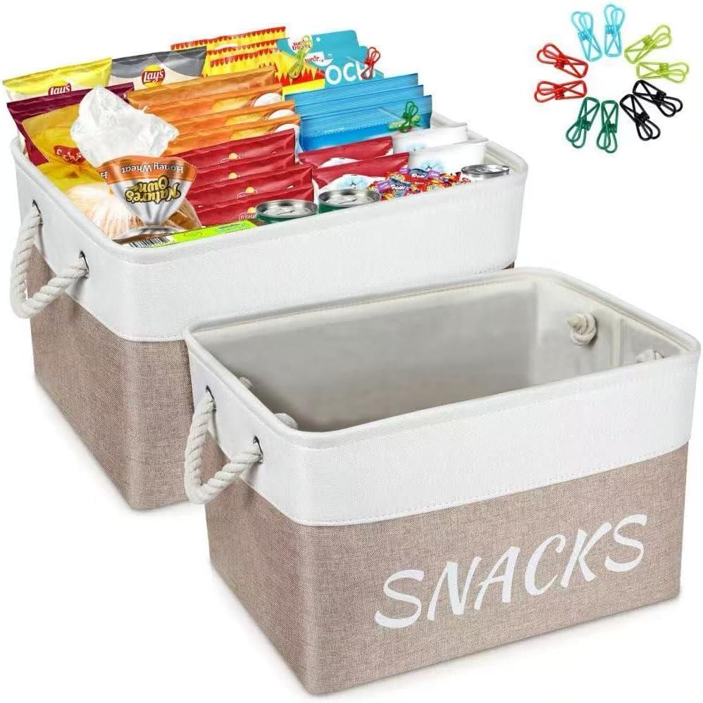 2 Pack Snack Organizer for Pantry, Decorative Snack Basket with 20 Pcs Chip Clips, Collapsible Snack Organizer for Countertop, Pantry Shelf, Office, Kitchen and More (Beige)