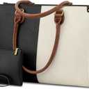 LOVEVOOK Laptop Tote Bag for Women, 15.6 Inch Large Capacity Vintage Leather Work Computer Bag, Business Casual Shoulder Handbag, Black & White & Brown