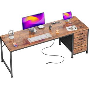 PRAISUN 63 Inch Computer Office Desk with Power Outelts and USB-C Port, Reversible Gaming Desk with 4 Fabric Drawers, Work Study Desk Work from Home, Rustic Brown
