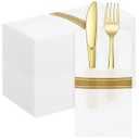 Oqqlin 100 Pcs Prefolded Disposable Dinner Napkins, 16 x 16 Inch Linen Feel Dinner Napkins Disposable Gold Trim Cloth Like Paper Napkin with Built-in Flatware Pocket for Wedding, Party, Hotel