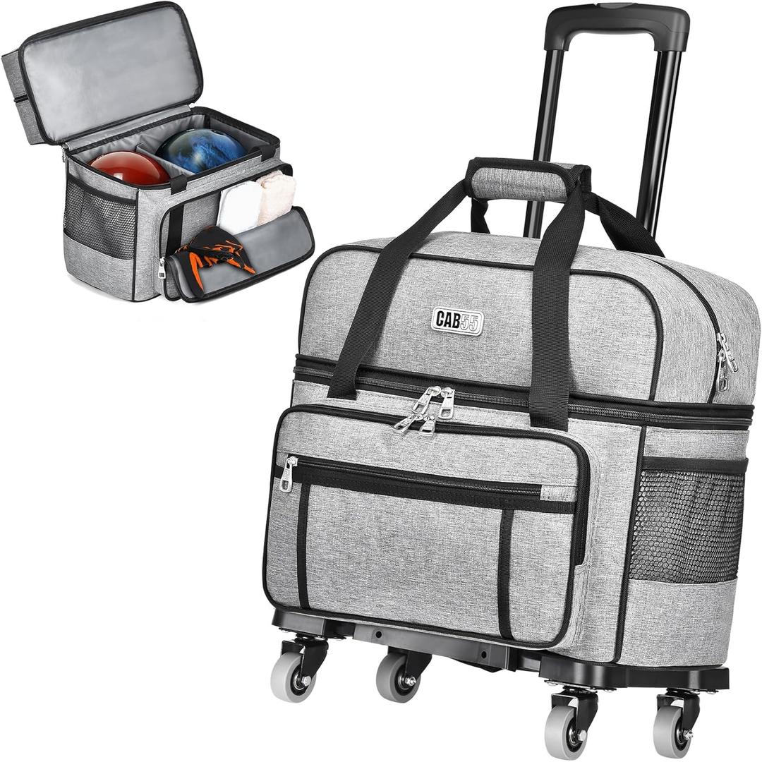 CAB55 2 Ball Bowling Bag with 4 Wheels, Double Bowling Ball Bag with Separate Shoe Compartment, (Up To US Men Size 16), and Multiple Multifunctional Accessory Pockets (Gray)