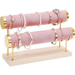 ProCase Bracelet Holder Display Bracelet Organizer Stand, Gold Detachable Bangle Storage Rack for Selling, Velvet Wrap Watch Holder with Wooden Base for Women Girls, Business Supplies - 2 Tier, Pink