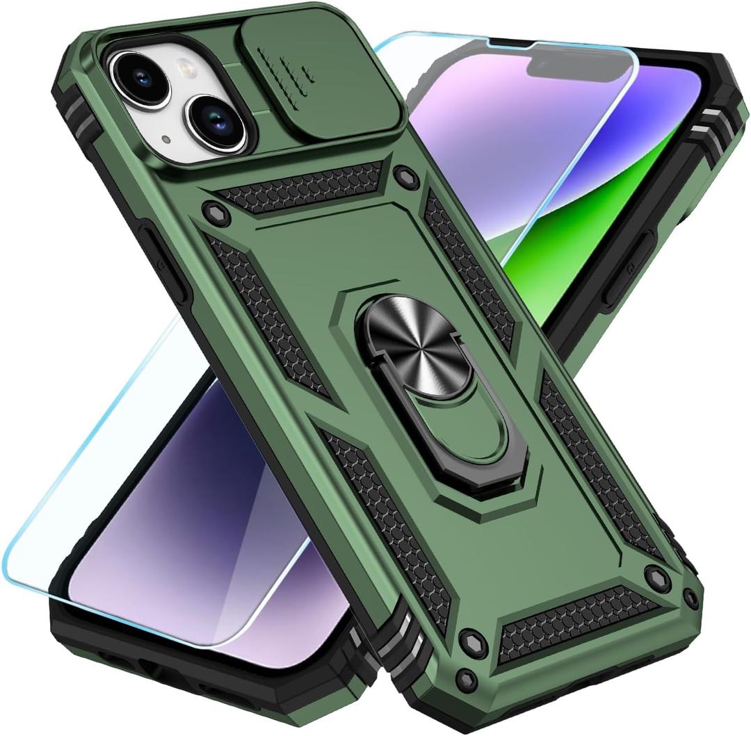 SunStory Compatible with iPhone 14 Plus Case with HD Screen Protector & Slide Camera Cover & Rotated Ring Kickstand, [Military-Grade] Phone Case for iPhone 14 Plus (Army Green)