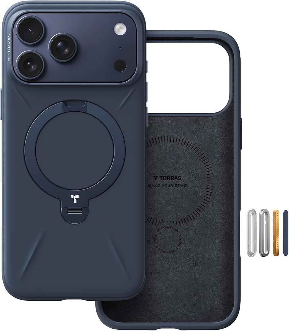 TORRAS Q3 Silicone 360 Spin for iPhone 17 Pro Case with Stand, Fit for MagSafe, Magnetic Ring Kickstand with Camera Control, Liquid Silicone Rubber Soft Phone Case for iPhone 17 Pro 6.3'', Deep Blue