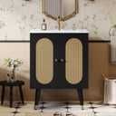 DWVO 24 Inch Rattan Vanity with Sink | Small Bathroom Vanity Cabinet, Boho Style with 2 Large SoftClosing Doors & FourSided Water Barrier Strip