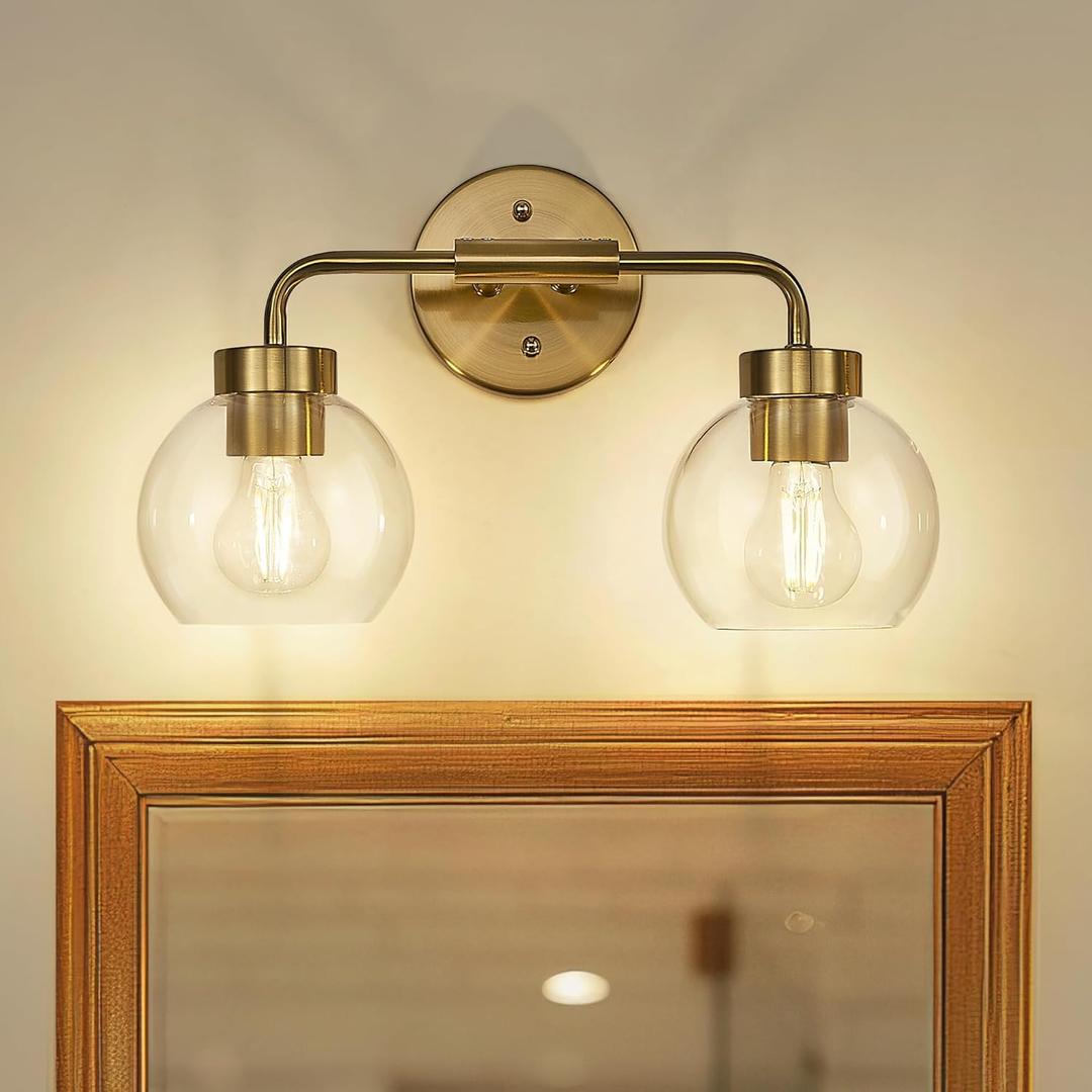 zeyu 16 Inch Wall Sconce Lighting for Bathroom, Gold Bathroom Vanity Light, 2-Light Vanity Lights with Clear Glass Globe Glass, Brushed Gold Finish, ZS62BG-2W BG