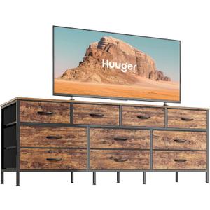 Huuger 63 Inch Dresser for Bedroom, Long Dresser with 10 Fabric Drawers, TV Stand for 55, 65, 70 Inch TV, Toy Storage Organizer for Closet, Rustic Brown