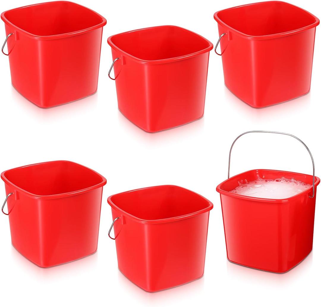 6 Pcs 3 Quart Cleaning, Detergent Square, Plastic Utility Cleaning Pail Stackable Cleaningpail Small Square Buckets for Restaurant Kitchen Home Offices Commercial (Red)