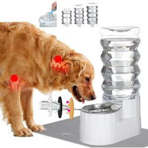 RIZZARI Large Water Dispenser for Dogs: 9L Automatic Stainless Steel Gravity Raised Pet Feeder with Specialized Brush and Triple Filter for Senior Pet Dogs with Neck Pain Garage Living Room (White)