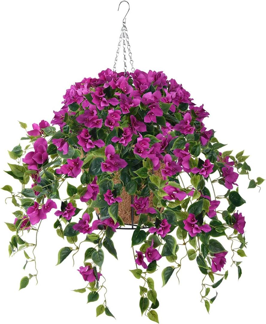 Homsunny Artificial Hanging Flowers Plants Basket for Outdoor Decoration,4 PCS Faux Silk Bougainvillea Vine Flowers Look Real UV Resistant for Outside Porch Patio Yard Garden Decor (Purple)