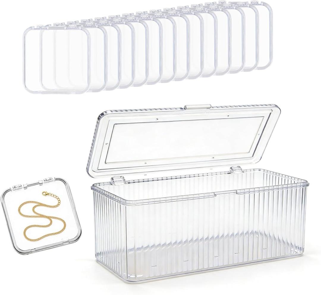 Clear Jewelry Storage Box, Acrylic Bracelet Organizer Holder with 14 Pcs 3 Inches Portable Anti Tarnish Cases, Travel Jewelry Storage for Earrings/Rings/Necklaces/Brooch (1Box+14Cases)