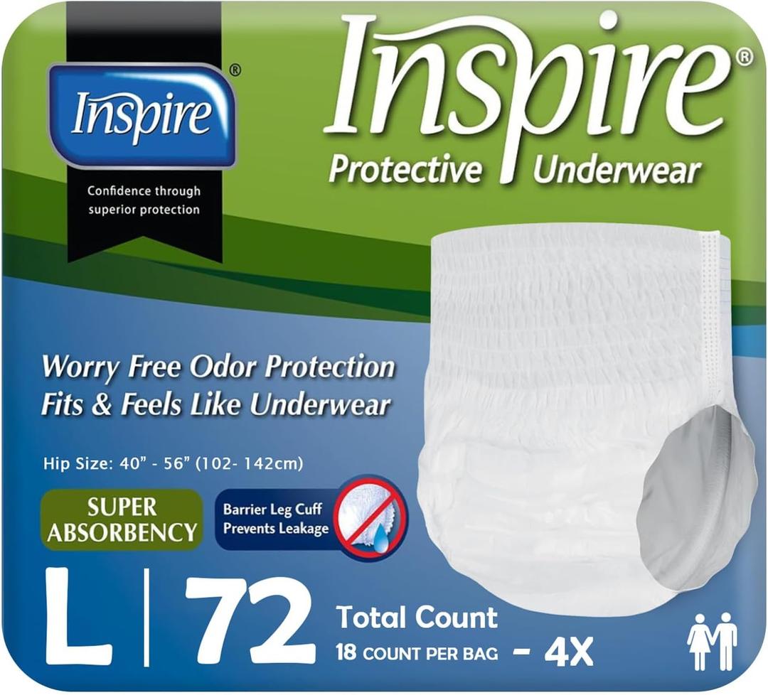 Inspire Protective Underwear for Men and Women | Adult Diapers for Bowel Incontinence | Disposable Underwear for Women and Men (Large) 72 Ct