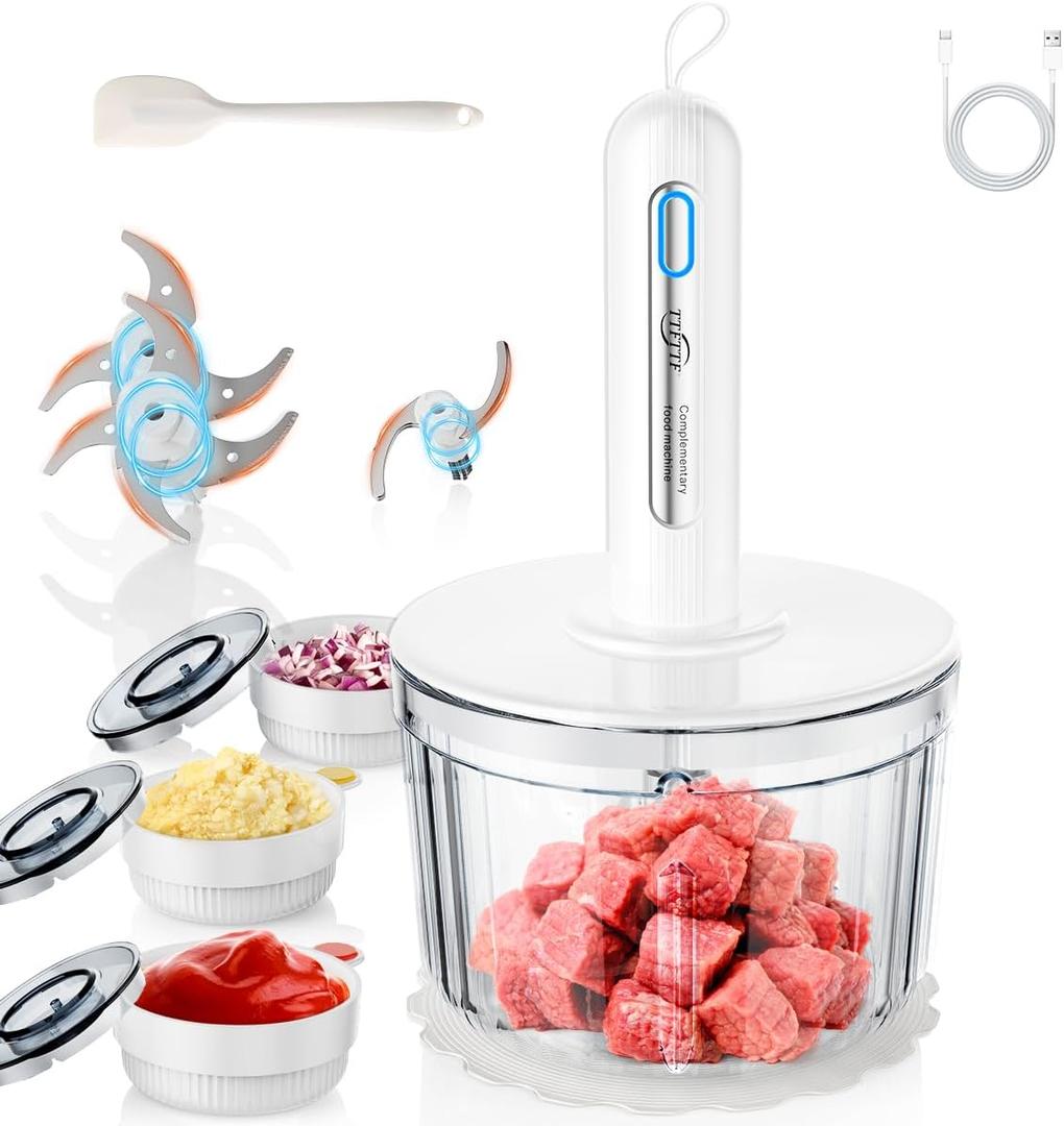 Glass Food Processor with 3 Blades & 4 Bowls (8 Cup + 3x0.5 Cup), Small Food Processor& Meat Grinder - Compact Design for Meal Prep, Baby Food, Sauces - Dishwasher Safe (white)