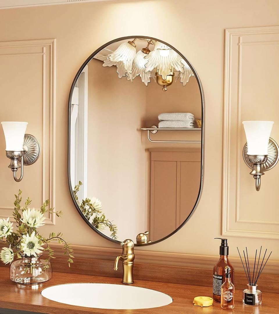 Theosynmir 18x24 Black Oval Mirror, Metal Frame Bathroom Mirror, Entryway Mirrors for Wall, Bathroom Vanity Mirrors for Over Sink, Pill Shaped Framed Wall-Mounted Mirrors for Hallway, Dresser, Bedroom
