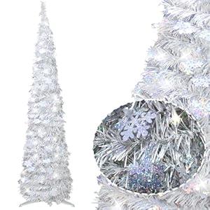 5FT Pop up Christmas Tree for Indoor Decoration Pre-lit Mini Christmas Tree with 60 Lights, Silver White Artificial Pencil Tree Collapsible Tinsel Lighted up Christmas Tree with Snowflake Glitter