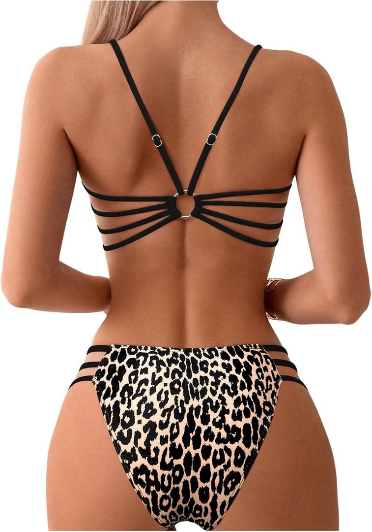 SweatyRocks Women's Bikini Sets Leopard Print Backless Cut Out Two Piece Bathing Suit Swimwear (Black, Small)