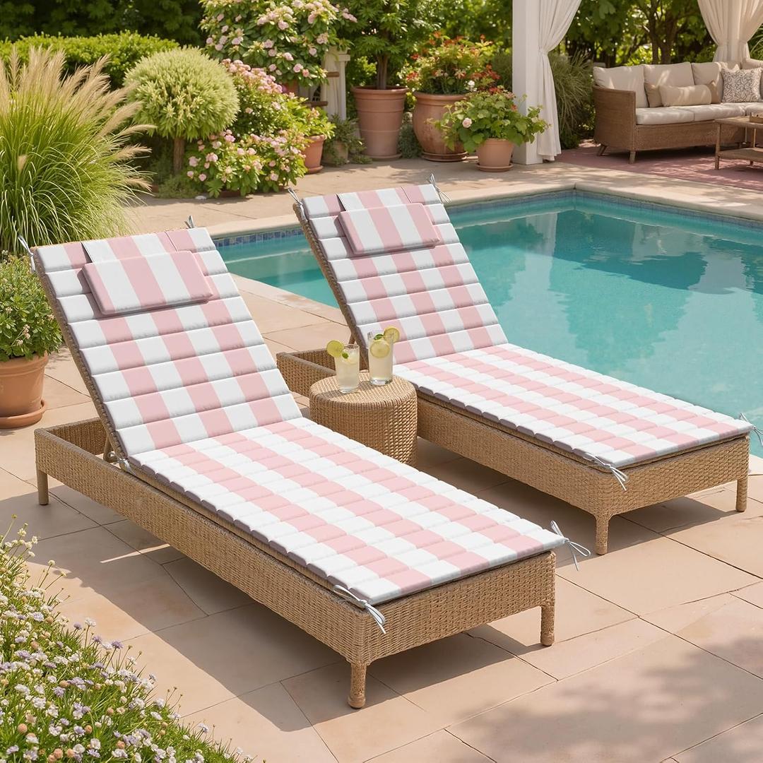 Crestlive Products Chaise Lounge Cushion Outdoor Set of 2, Water Resistant Foldable Pool Lounge Chair Cushions with Straps 71''Lx21''W, Lounger Cushions for Outdoor Furniture, Patio, Pink Stripe