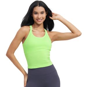 Ribbed Workout Short Racerback Tank Tops for Women with Built in Bra, Glow-Green, Medium