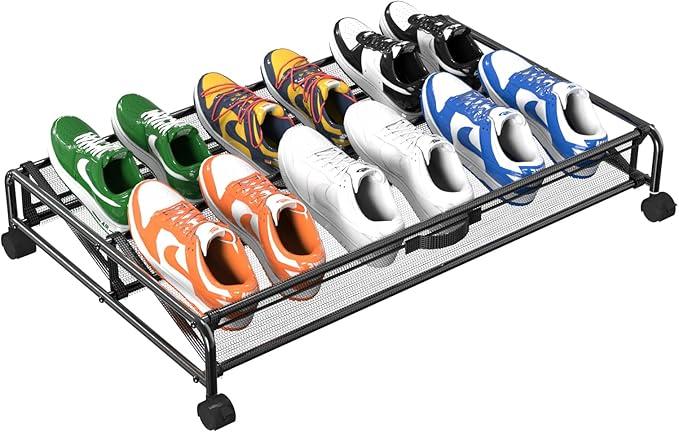 KOSIWU Under Bed Shoes Storage, 2 Pack Rolling Under-bed Storage Containers with Wheels, Under Bed Shoe Organizer Breathable Mesh Fabric with Metal Frame Black