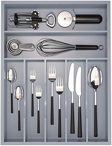 Utensil Organizer Silverware Drawer Organizer - 7 Slots Bamboo Utensil Tray Multifunctional Small Silverware Organizer for Kitchen Utensils, Garage Tools, Makeup Storage W13”x L17” (Grey)