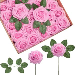 InnoGear Artificial Flowers, 50 Pcs Pink Foam Fake Roses Bulk with Stems for Decoration DIY Wedding Bouquets Centerpieces Bridal Shower Party Valentines Christmas Tree