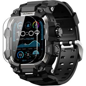 ULTIMAL Rugged Case with Band for Apple Watch 49mm,Compatible with Apple Watch Ultra/Ultra 2, Military Grade Shockproof Bumper Cover for iWatch Tactical Band Men (49mm,Black)