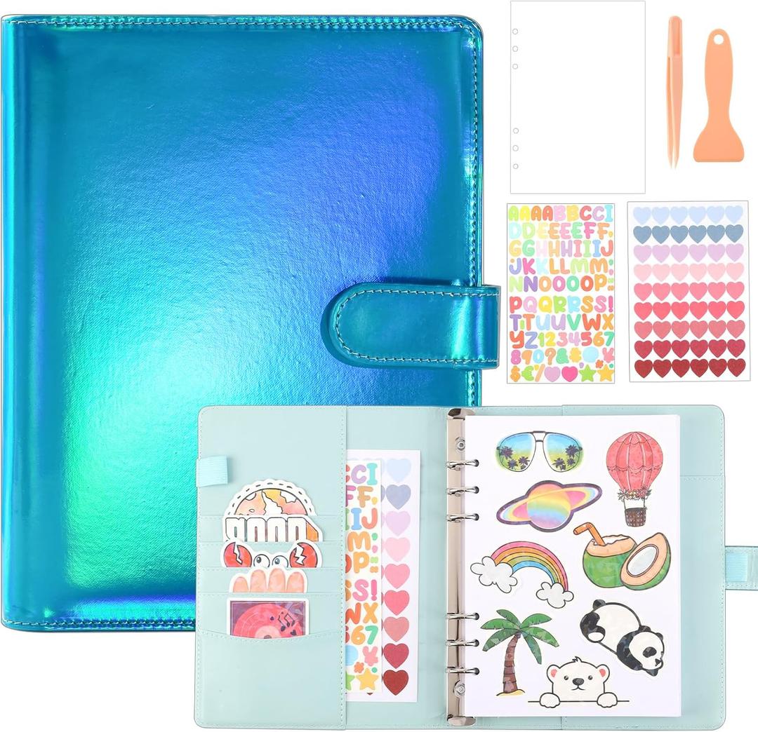 Reusable Sticker Book Collecting Album,A5 PU Sticker Collecting Book with Heart Label & Letter Label,Holographic Cover (blue)
